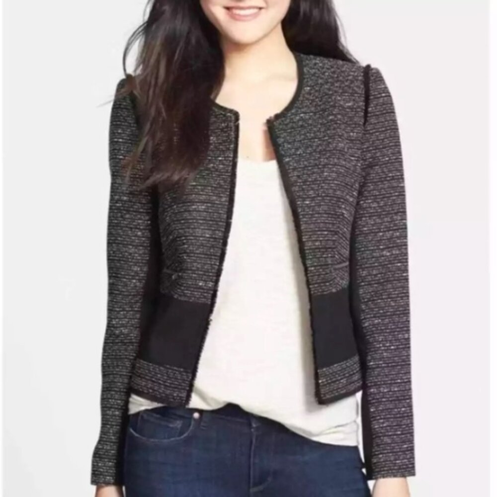 Halogen Boucle Tweed Mixed Media Fringe Black & White Edge Blazer Jacket Padded